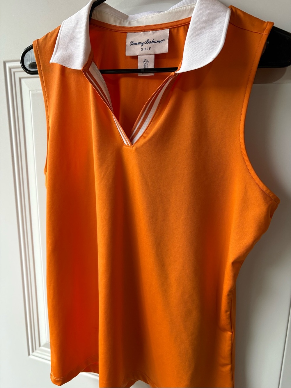 Tommy Bahama Orange Sleeveless V-Neck Polo with White Collar